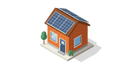 Charming brick house with solar panels on roof and small front yard in isometric style