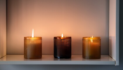 tranquil trio lit candles on a clear shelf