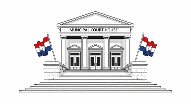 Illustration of a Municipal Court House with Flags | Government Building