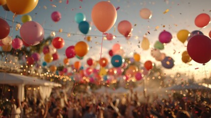 A vibrant celebration with colorful balloons and confetti in the atmosphere
