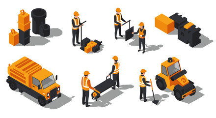Fototapeta premium Construction workers and equipment in isometric style for industrial projects