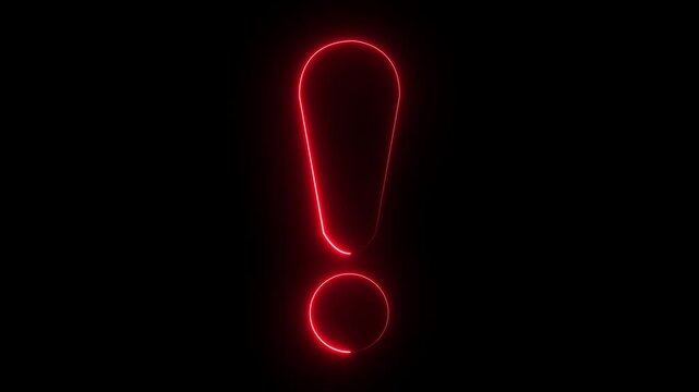 Glowing neon pink exclamation mark illuminated on a black background. Bright glowing neon mark on pitch black backdrop. Electric neon exclamation glowing in dark night