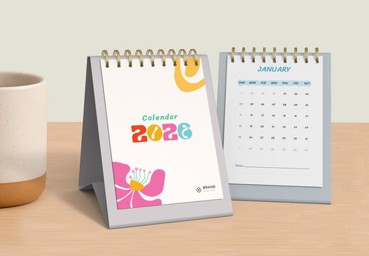 Colorful 2026 Desk Calendar and Planner Design with Groovy Floral Art Illustration
