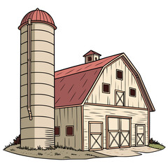 Rustic barn and silo illustration on white background