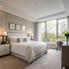 Fototapeta premium A serene bedroom featuring a king size bed with white linens and a large window overlooking greenery