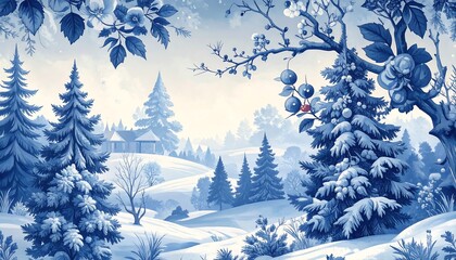 Obraz premium A stylized winter landscape with snowy trees and a distant cottage