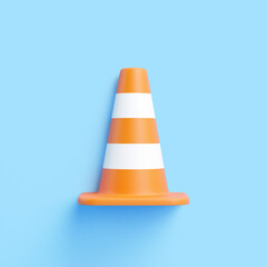 Single orange traffic cone with white stripes, 3D render on blue background