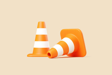 3D orange traffic cones with white stripes on beige background