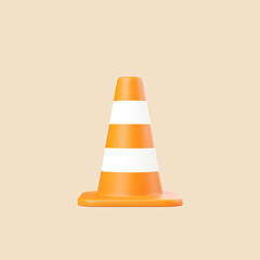 Orange Traffic Cone with White Stripes on Beige Background