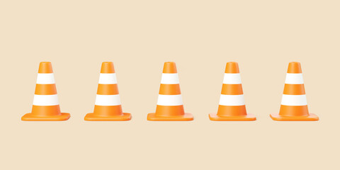 Five orange traffic cones with white stripes on beige background