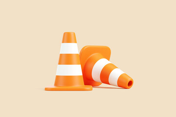 Two Orange Traffic Cones on Beige Background