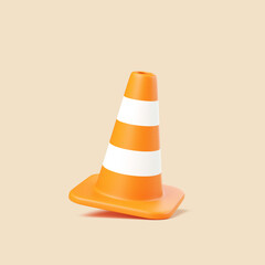 Tilted Orange Traffic Cone with White Stripes on Beige Background