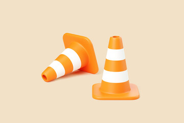 Two Orange Safety Cones on Beige Background