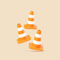 Three Floating Orange Safety Cones on Beige Background