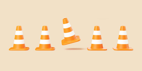 Five orange traffic cones with one tilted in the middle on beige background