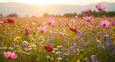 Obraz premium A vibrant field of cosmos flowers in full bloom, bathed in the warm glow of the setting sun, creating a picturesque and serene landscape
