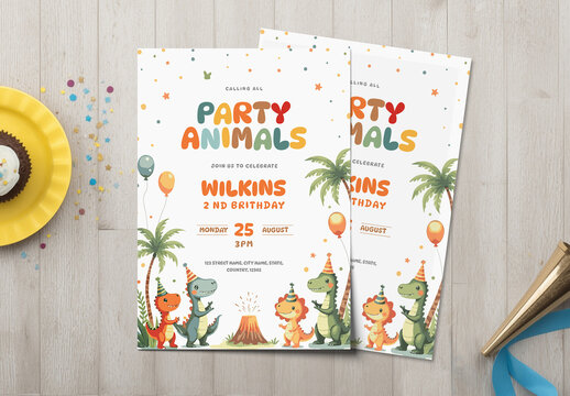 Cute Kids Birthday Party Invitation with Animal Illustration