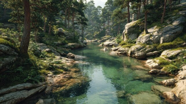 Serene river flowing through a rocky forest landscape in vibrant daylight - Powered by Adobe