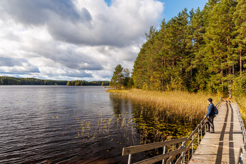 Hiker standing on wooden bridge by a calm lake surrounded by pine forest under cloudy autumn sky, peaceful Scandinavian nature scene ideal for hiking, solitude, and outdoor exploration