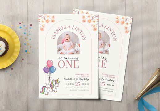 First Birthday Party Invitation Template with Unicorn Illustration