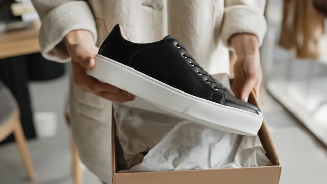 Hands holding a box with black leather sneakers, white soles, gold eyelets