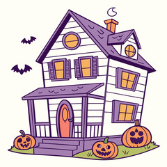 Spooky Halloween House with Pumpkins and Bats Keywords: halloween, house, haunted, spooky, scary