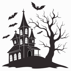 Spooky Haunted House Silhouette with Bats and Bare Tree