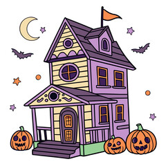 Spooky purple and yellow haunted house with pumpkins and bats
