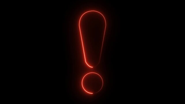 Glowing neon pink exclamation mark illuminated on a black background. Bright glowing neon mark on pitch black backdrop. Electric neon exclamation glowing in dark night
