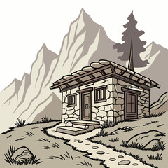 Fototapeta premium Stone mountain hut with a pine tree and rocky path