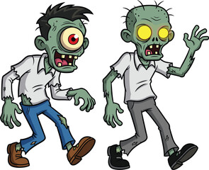 Two cartoon zombies standing side by side, spooky Halloween illustration, green skin, glowing eyes, tattered clothes, horror character design