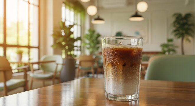 Refreshing Iced Coffee Layered Drink in Sunlit Cafe with Lush Greenery.