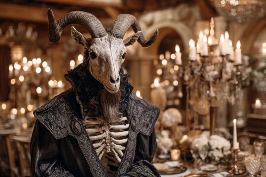 Goat skeleton costume at candlelit gothic banquet