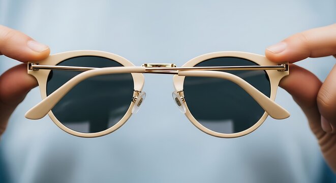 Closeup of beige sunglasses held by two hands against a light blue background - Powered by Adobe