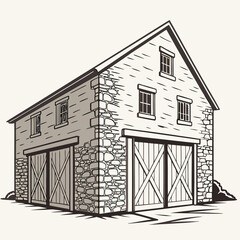 Two-story stone barn with large garage doors and windows © Mithu