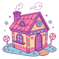Whimsical candy house with lollipops and smoke from chimney