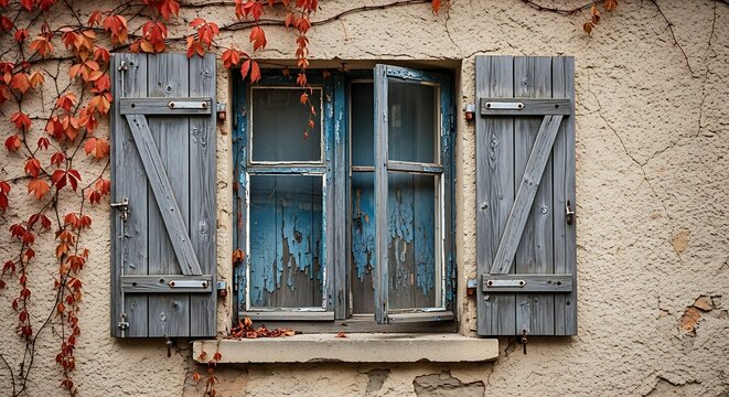 Old weathered window with blue shutters and climbing ivy on a stone wall - Powered by Adobe