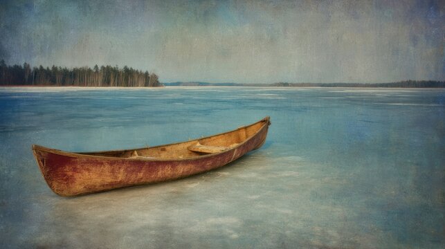 Wooden canoe on calm water with trees in background and overhead sunlight
