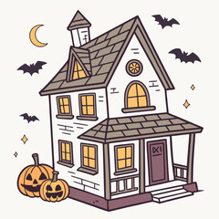 White and grey haunted house with pumpkins and bats