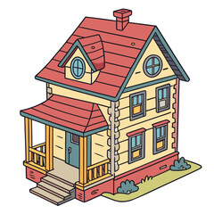 Yellow cartoon house with red roof and porch home building