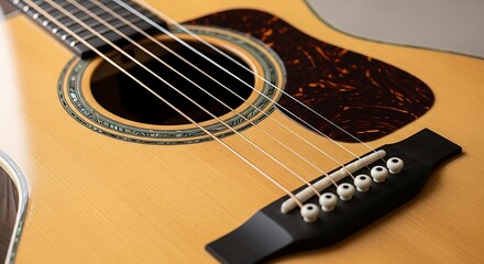 Fototapeta premium Acoustic Guitar Close-Up - Strings, Bridge, and Soundhole Detail.