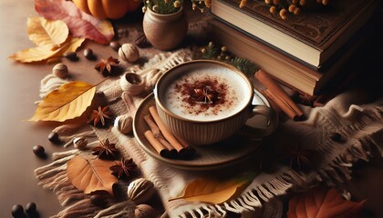 Autumn Latte with Spices and Books