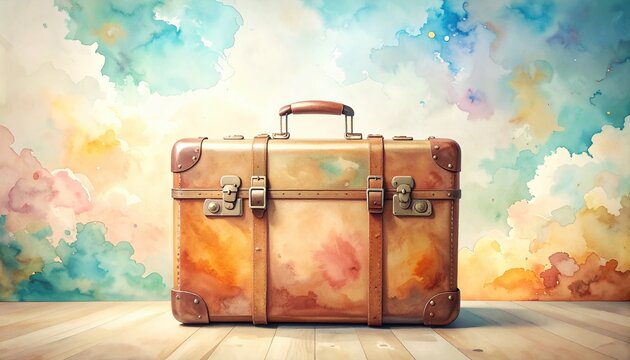 Vintage suitcase in watercolor style against dreamy pastel clouds background evoking nostalgia, wanderlust, travel inspiration, holiday planning and exploration idea