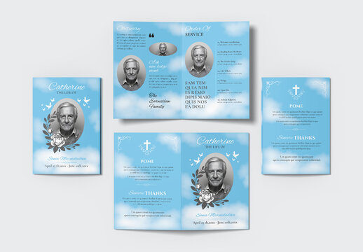 Elegant Funeral Obituary Program Brochure Template with Sky Blue Accents