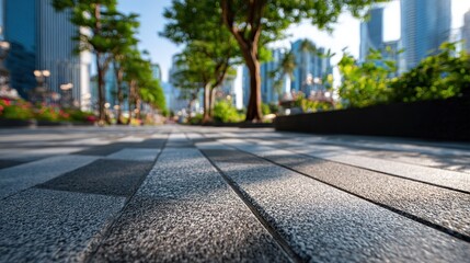 Fototapeta premium Cityscape Perspective: Paved Path through Urban Landscape with Trees and Buildings