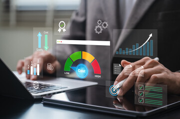 Cost control and quality improvement concept with businessman using tablet and laptop, analyzing data dashboards, financial charts, and business performance metrics to enhance efficiency