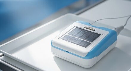 Compact Solar-Powered Medical Device with Blue Accents on White Tray.