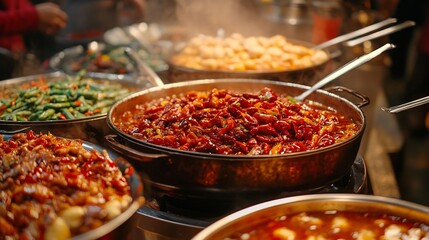 Steaming Asian Stir-Fry Dishes on Street Food Market Stall