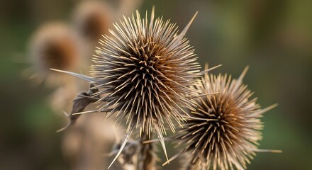 Closeup of dried thistle heads in a natural outdoor setting with blurred background