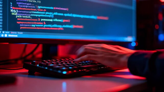 Hands typing code on a keyboard with a colorful screen in the background